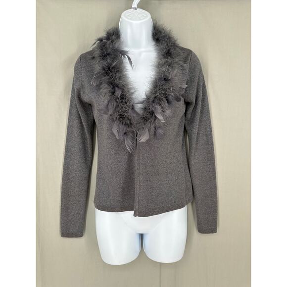 90s Vintage Cardigan Sweater Small Silver Feather Silk Glam Y2K Artsy Knit Retro - Picture 1 of 7
